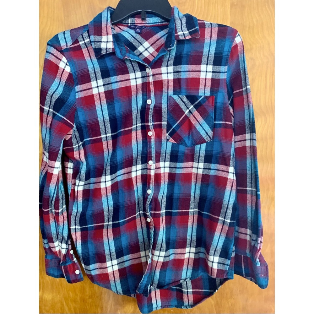 Red, White, and Blue Plaid Button Down Flannel